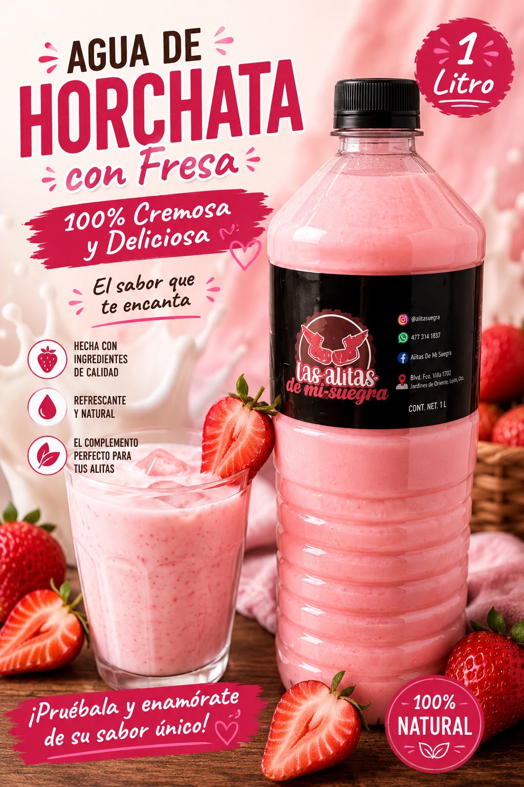 Agua De Horchata Con Fresa 1 litro